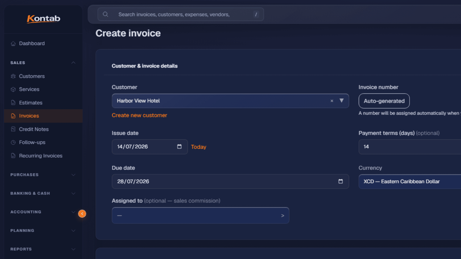 Actual Kontab invoice editor with Harbor View Hotel selected as the customer